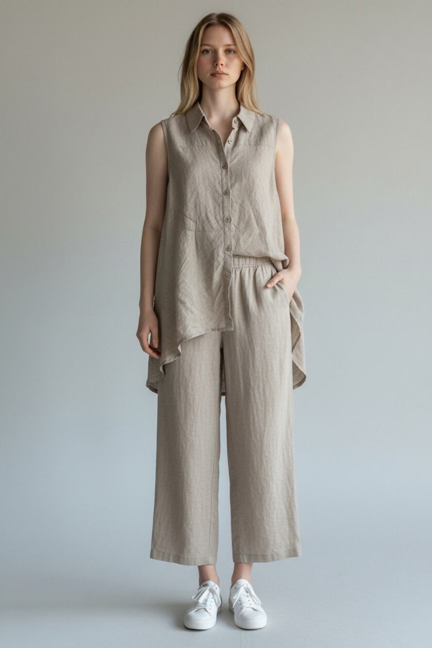 FLAX S Set Matching Top Cropped Pants Outfit 100% Linen Lagenlook Beige Tank